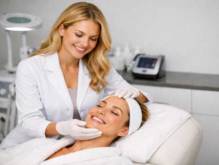 Woman receiving a facial treatment from a skincare professional in a clinic setting.