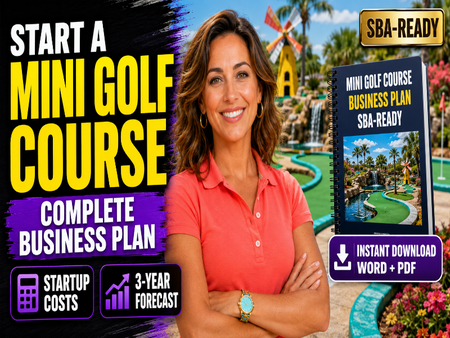 Promotional graphic for a mini golf course business plan, featuring a smiling woman in a coral polo shirt in front of a mini golf course, alongside a book cover titled 'Mini Golf Course Business Plan SBA-Ready' and text overlays including 'Start a Mini Golf Course' and 'Complete Business Plan'.
