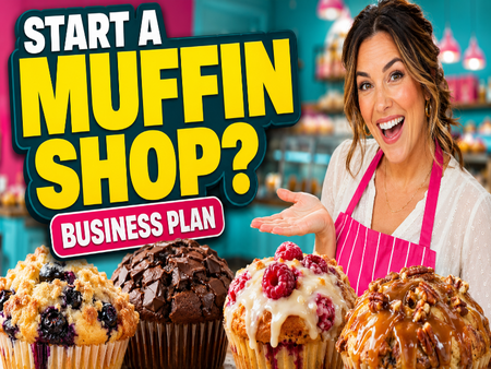 A promotional graphic for a muffin shop business plan, featuring a smiling woman in a pink striped apron gesturing toward several decorated muffins in the foreground, with large text reading 'START A MUFFIN SHOP? BUSINESS PLAN'.