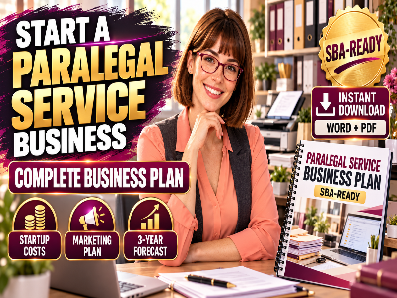 Promotional graphic for a paralegal service business complete business plan download, featuring a smiling woman in a professional office setting with text overlays, icons for startup costs, marketing plan, and 3-year forecast, and badges reading SBA-Ready and Instant Download Word + PDF.