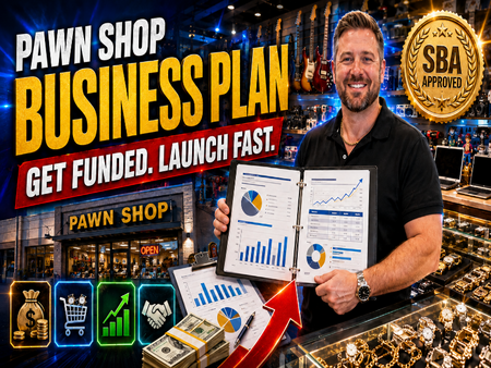 A smiling man in a black polo shirt stands in a pawn shop holding an open binder filled with business charts and graphs. Large promotional text reads 'PAWN SHOP BUSINESS PLAN' and 'GET FUNDED.