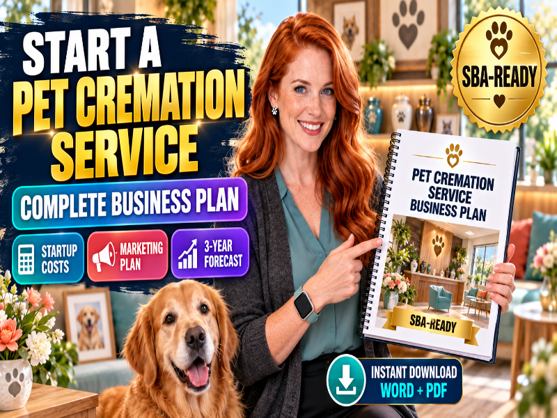 A promotional graphic for a pet cremation service business plan download. A smiling woman with red hair stands in a living room holding an open spiral notebook titled 'Pet Cremation Service Business Plan,' with a golden retriever dog beside her.