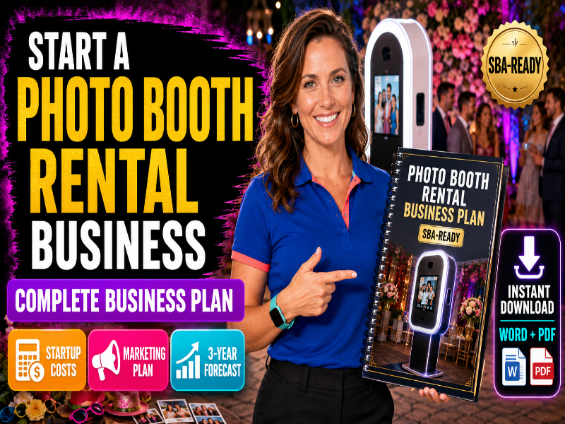 A promotional graphic for a photo booth rental business plan, featuring a smiling woman in a blue polo shirt holding a spiral-bound booklet titled 'Photo Booth Rental Business Plan SBA-Ready.' Large text reads 'Start a Photo Booth Rental Business,' with icons and badges for startup costs, marketing plan, 3-year forecast, instant download, and SBA-ready status.