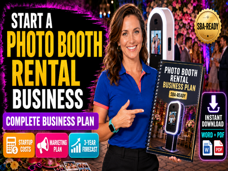 A promotional graphic for a photo booth rental business plan, featuring a smiling woman in a blue polo shirt holding a spiral-bound booklet titled 'Photo Booth Rental Business Plan SBA-Ready.' Large text reads 'Start a Photo Booth Rental Business,' with icons and badges for startup costs, marketing plan, 3-year forecast, instant download, and SBA-ready status.