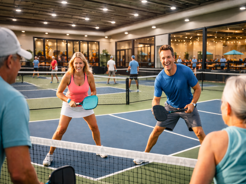 Group of people playing pickleball in an indoor court