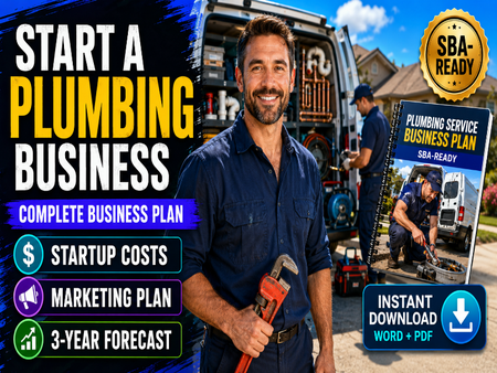 Promotional graphic for a plumbing business plan ebook, featuring a smiling man in a navy work shirt holding a wrench in front of a plumbing van, with text overlays and a spiral-bound ebook cover on the right.