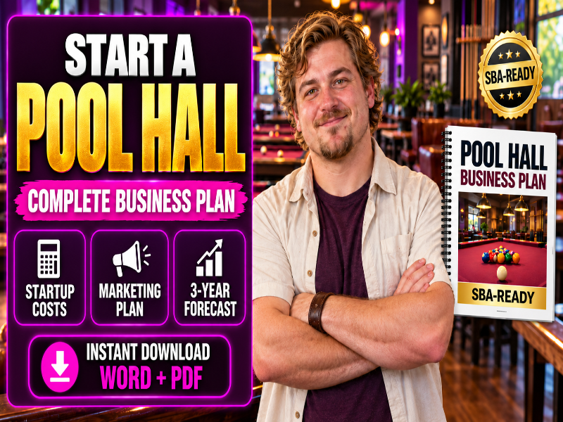 A promotional graphic for a pool hall business plan ebook or digital guide. A smiling man stands in a bar-like environment, with a large purple and gold text panel on the left reading 'START A POOL HALL COMPLETE BUSINESS PLAN' and a spiral-bound book cover on the right labeled 'POOL HALL BUSINESS PLAN SBA-READY'.