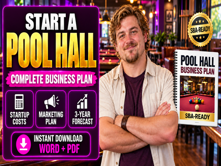 A promotional graphic for a pool hall business plan ebook or digital guide. A smiling man stands in a bar-like environment, with a large purple and gold text panel on the left reading 'START A POOL HALL COMPLETE BUSINESS PLAN' and a spiral-bound book cover on the right labeled 'POOL HALL BUSINESS PLAN SBA-READY'.