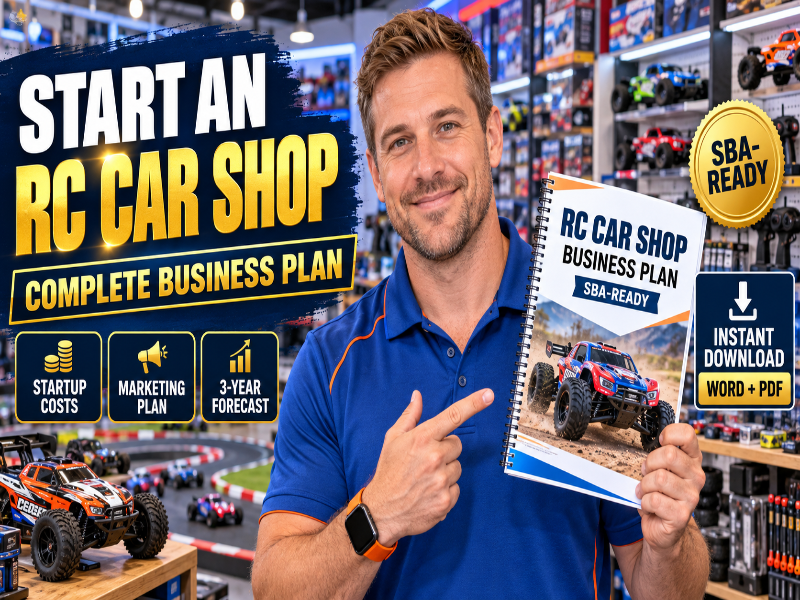 A man in a blue polo shirt stands in a toy store holding a printed business plan booklet titled 'RC CAR SHOP BUSINESS PLAN SBA-READY.' Large promotional text on the left reads 'START AN RC CAR SHOP COMPLETE BUSINESS PLAN,' with icons for startup costs, marketing plan, and 3-year forecast.