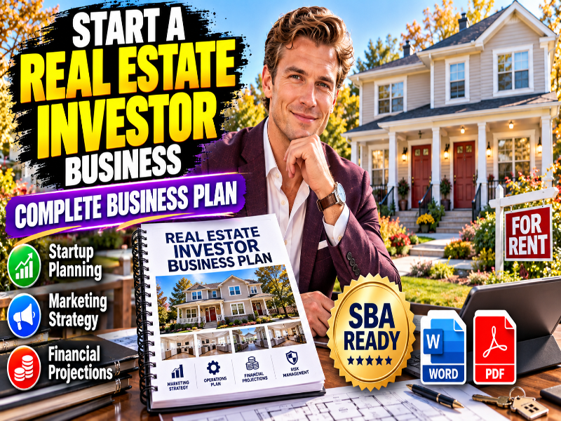 Promotional graphic for a real estate investor business plan, featuring a man in a suit seated at a desk with a spiral-bound business plan book in front of a house. Large text reads 'Start a Real Estate Investor Business' and 'Complete Business Plan,' with icons for startup planning, marketing strategy, financial projections, Word, PDF, and SBA ready badges.