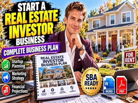 Promotional graphic for a real estate investor business plan, featuring a man in a suit seated at a desk with a spiral-bound business plan book in front of a house. Large text reads 'Start a Real Estate Investor Business' and 'Complete Business Plan,' with icons for startup planning, marketing strategy, financial projections, Word, PDF, and SBA ready badges.