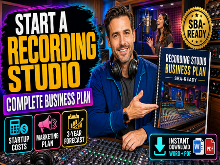 A promotional graphic for a recording studio business plan download. A smiling man in a blue jacket stands in a recording studio holding a spiral notebook titled 'Recording Studio Business Plan SBA-Ready.