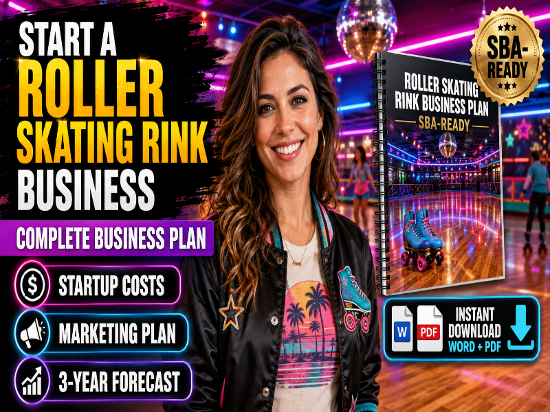 A promotional graphic for a roller skating rink business plan ebook and guide. A smiling woman in a black leather jacket stands in a roller rink, next to a book cover titled 'Roller Skating Rink Business Plan SBA-Ready'.