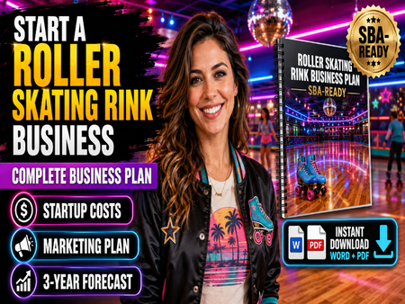 A promotional graphic for a roller skating rink business plan ebook and guide. A smiling woman in a black leather jacket stands in a roller rink, next to a book cover titled 'Roller Skating Rink Business Plan SBA-Ready'.
