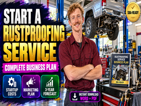 Promotional graphic for a rustproofing service business plan download, featuring a smiling man in a garage/workshop setting with a truck undercarriage in the background, large text reading 'START A RUSTPROOFING SERVICE,' and a small book cover labeled 'RUSTPROOFING SERVICE BUSINESS PLAN' and 'SBA-READY.'.