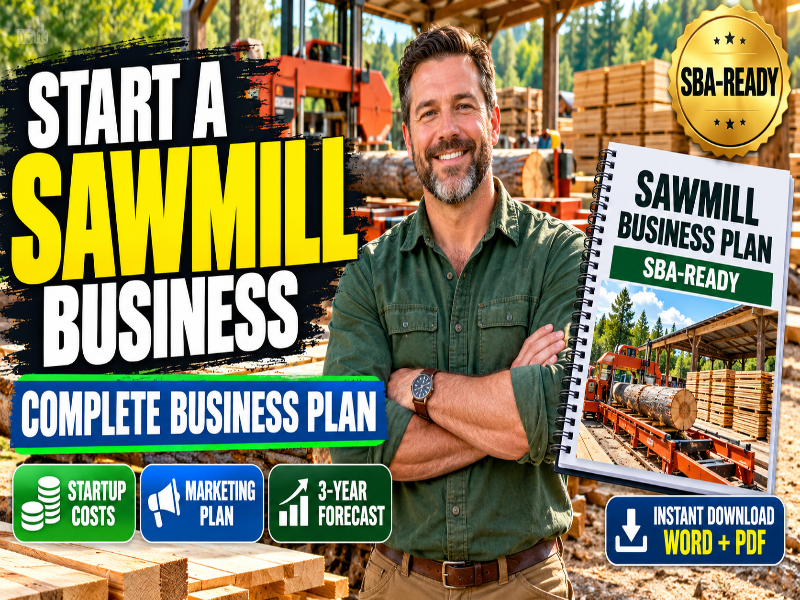 Promotional graphic for a 'Sawmill Business Plan' featuring a smiling man in a green shirt in front of a lumber mill background, alongside a notebook-style business plan cover, a gold 'SBA-READY' badge, and feature icons for startup costs, marketing plan, 3-year forecast, and instant download Word + PDF.