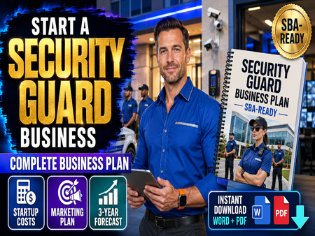 Promotional graphic for a security guard business plan, featuring a man in a blue shirt holding a tablet and a spiral-bound book titled 'Security Guard Business Plan SBA-Ready'. Large text reads 'Start a Security Guard Business' with icons for startup costs, marketing plan, 3-year forecast, instant download Word and PDF, and an SBA-ready badge.