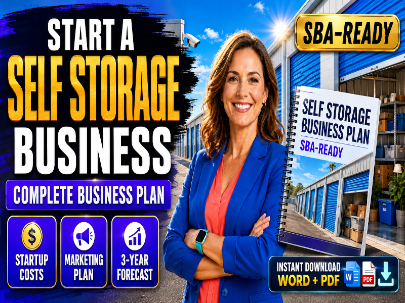 Promotional graphic for a self-storage business plan download, featuring a smiling woman in a blue blazer standing in front of storage units, with text reading 'START A SELF STORAGE BUSINESS,' 'SBA-READY,' and icons for startup costs, marketing plan, and 3-year forecast.
