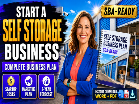 Promotional graphic for a self-storage business plan download, featuring a smiling woman in a blue blazer standing in front of storage units, with text reading 'START A SELF STORAGE BUSINESS,' 'SBA-READY,' and icons for startup costs, marketing plan, and 3-year forecast.