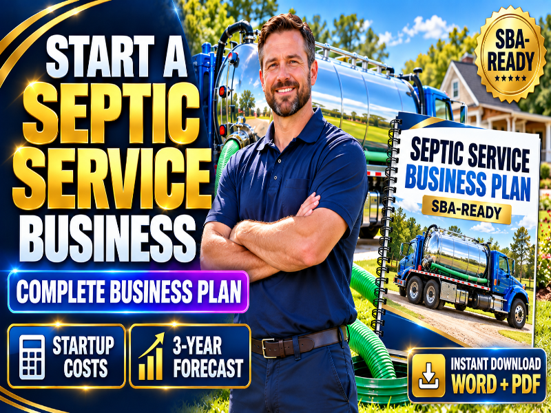 Promotional graphic for a 'Septic Service Business Plan' PDF download. It features a smiling man in a blue polo shirt standing in front of a blue septic truck, with a book cover on the right displaying 'SEPTIC SERVICE BUSINESS PLAN SBA-READY'.