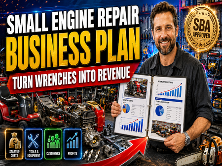 A promotional graphic for a small engine repair business plan, featuring a smiling man holding an open binder with charts and diagrams. Large text reads 'SMALL ENGINE REPAIR BUSINESS PLAN' and 'TURN WRENCHES INTO REVENUE.