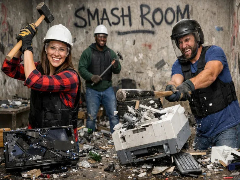 Three people in a 'Smash Room' with tools and debris, one holding a sledgehammer.