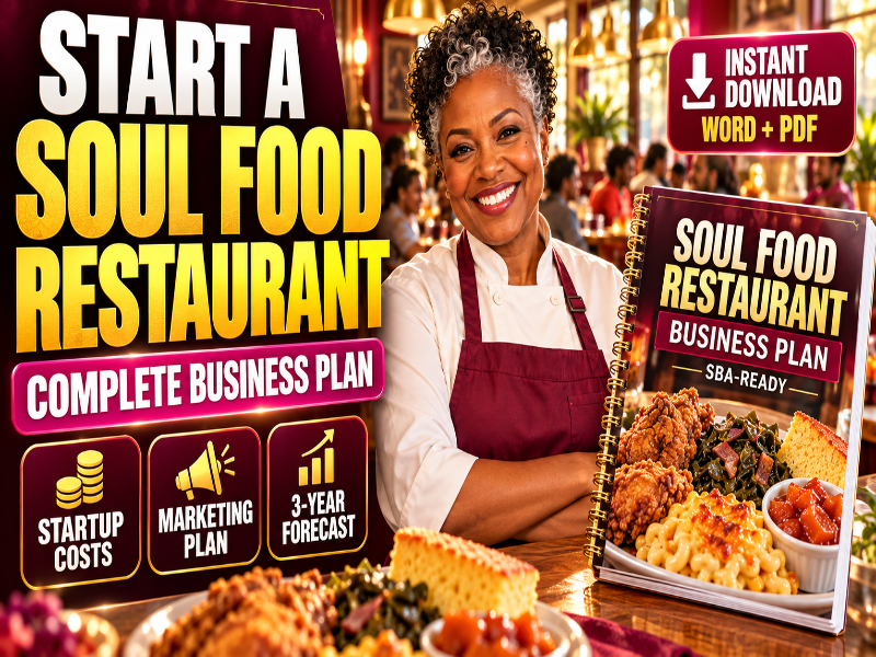 A promotional graphic for a digital business plan titled 'Soul Food Restaurant Business Plan SBA-READY'. The image features a smiling woman in a chef's uniform and apron standing behind a copy of the book, with a restaurant background.