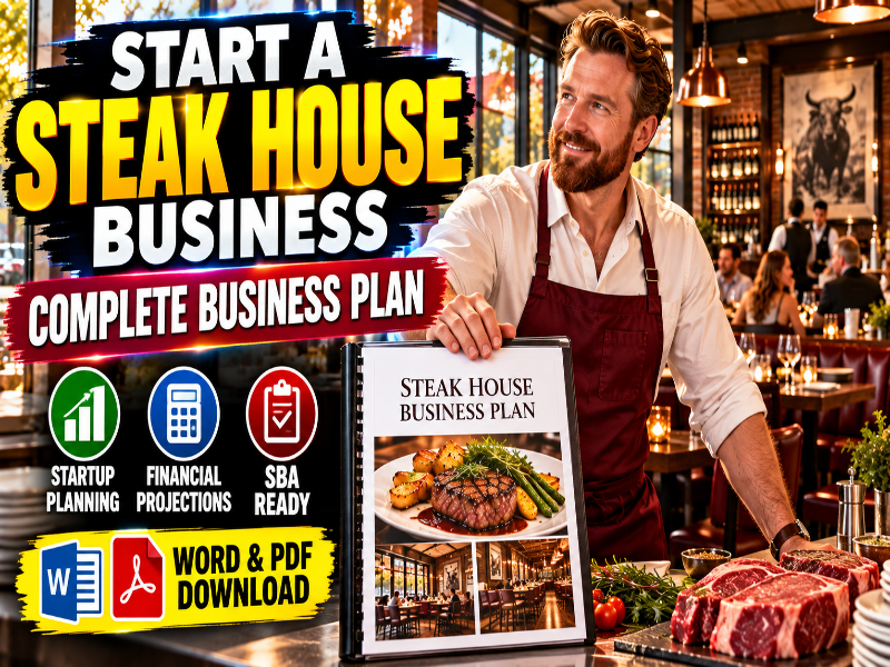 A promotional graphic for a 'Steak House Business Plan' download. A smiling man in a restaurant setting holds up a mock book cover titled 'STEAK HOUSE BUSINESS PLAN'.
