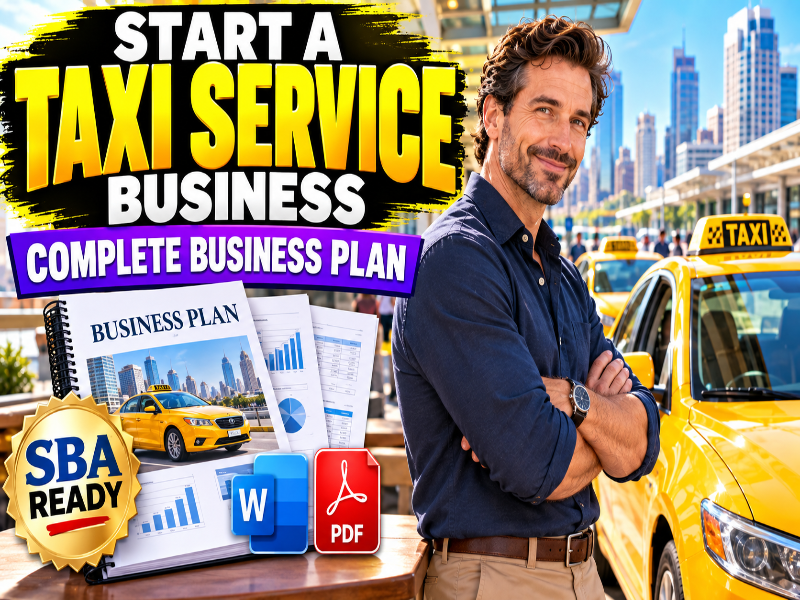 Promotional graphic for a taxi service business guide, featuring a man with arms crossed in front of a yellow taxi and city skyline. Large text reads 'START A TAXI SERVICE BUSINESS' and 'COMPLETE BUSINESS PLAN,' with a business plan booklet, documents, a yellow taxi, and SBA Ready and Word/PDF icons shown.