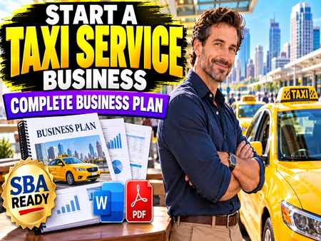 Promotional graphic for a taxi service business guide, featuring a man with arms crossed in front of a yellow taxi and city skyline. Large text reads 'START A TAXI SERVICE BUSINESS' and 'COMPLETE BUSINESS PLAN,' with a business plan booklet, documents, a yellow taxi, and SBA Ready and Word/PDF icons shown.
