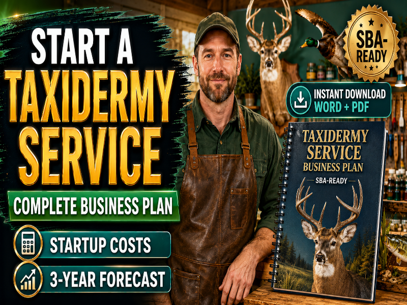 Promotional graphic for a taxidermy service business plan download, featuring a man in a leather apron and cap in a rustic workshop setting, a large book cover titled 'Taxidermy Service Business Plan,' and marketing text including 'SBA-READY' and 'Instant Download Word + PDF.'.