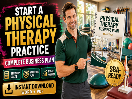 A promotional graphic for a physical therapy business plan PDF. A smiling man in a green polo shirt stands in a gym pointing to a spiral-bound book titled 'Physical Therapy Business Plan SBA-Ready'.