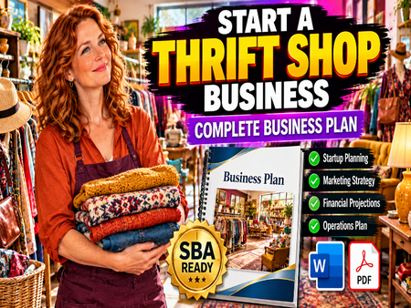 Promotional graphic for a thrift shop business plan bundle, featuring a smiling woman in a thrift store holding folded clothes, large text reading 'Start a Thrift Shop Business,' a business plan booklet, and file format icons for Word, Excel, and PDF.