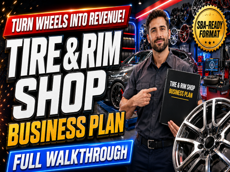 A promotional graphic for a 'Tire & Rim Shop Business Plan' featuring a man holding a black folder with the title, set against a garage-themed background with a car, rims, and a SBA-ready badge.