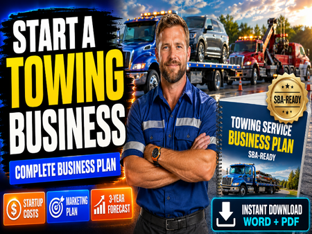 Promotional graphic for a towing service business plan, featuring a man in a blue work shirt with arms crossed, multiple tow trucks and vehicles in the background, large text reading 'START A TOWING BUSINESS,' and download callouts for a business plan in Word and PDF.