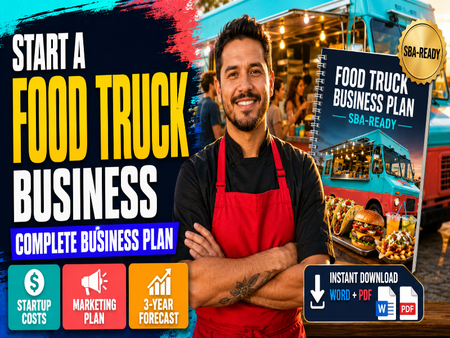 Promotional graphic for a food truck business plan ebook, featuring a smiling man in a red apron standing in front of a food truck, with the book cover titled 'FOOD TRUCK BUSINESS PLAN SBA-READY' and marketing callouts including 'START A FOOD TRUCK BUSINESS' and file format icons.