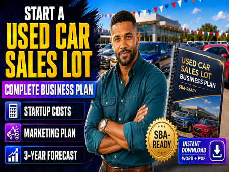 Promotional graphic for a used car sales lot business plan, featuring a man standing in front of a car dealership with text overlays including 'START A USED CAR SALES LOT', 'COMPLETE BUSINESS PLAN', and 'SBA-READY'. A spiral-bound business plan booklet is shown on the right, along with download icons and feature callouts.