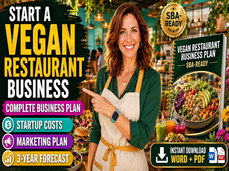 Promotional graphic for a vegan restaurant business plan download, featuring a smiling woman in a green shirt and cream apron pointing toward the right, with large text reading 'START A VEGAN RESTAURANT BUSINESS,' a gold 'SBA-READY' badge, and a mockup of the 'Vegan Restaurant Business Plan' booklet.