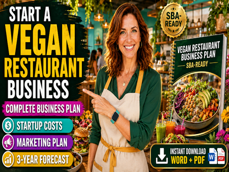 Promotional graphic for a vegan restaurant business plan download, featuring a smiling woman in a green shirt and cream apron pointing toward the right, with large text reading 'START A VEGAN RESTAURANT BUSINESS,' a gold 'SBA-READY' badge, and a mockup of the 'Vegan Restaurant Business Plan' booklet.