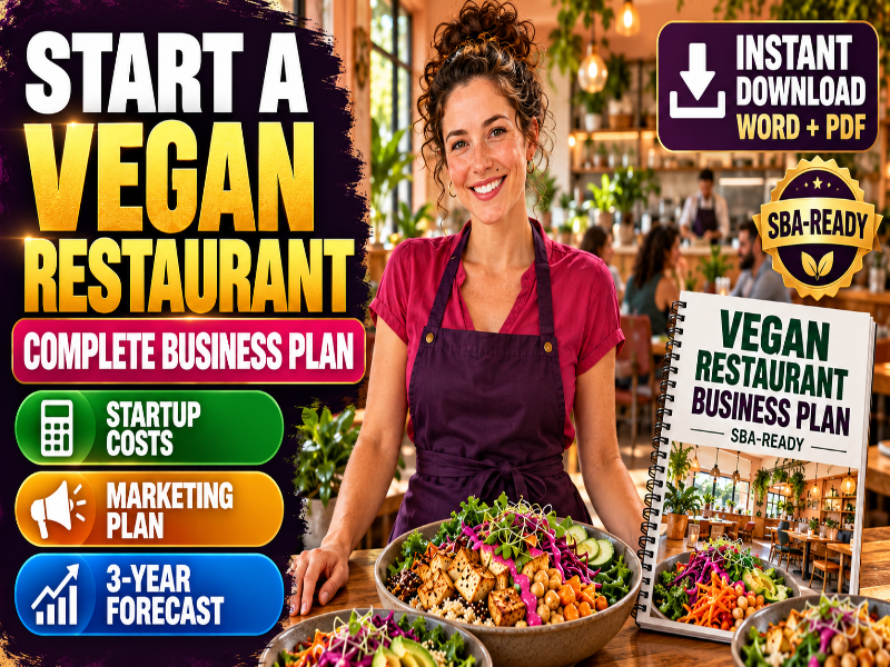 Promotional graphic for a digital product, 'Vegan Restaurant Business Plan'. A smiling woman in a purple apron stands behind a table with prepared food.