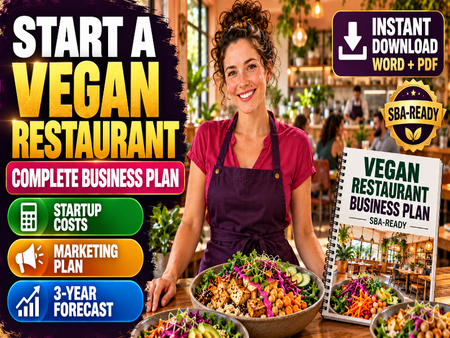 Promotional graphic for a digital product, 'Vegan Restaurant Business Plan'. A smiling woman in a purple apron stands behind a table with prepared food.
