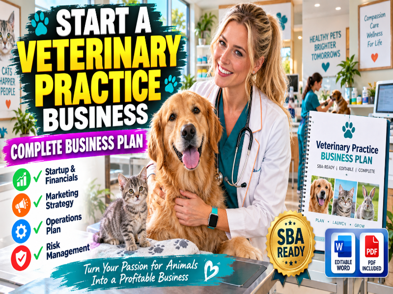 Promotional graphic for a veterinary practice business plan ebook and guide, featuring a smiling veterinarian with a golden retriever and cat in a clinic setting, with text overlays and a book cover shown.