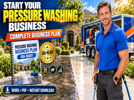 Promotional graphic for a pressure washing business plan, featuring a smiling man in a blue polo shirt standing in front of a pressure washer truck and a house, alongside a spiral notebook mockup and text reading 'START YOUR PRESSURE WASHING BUSINESS COMPLETE BUSINESS PLAN' and 'SBA-READY'.
