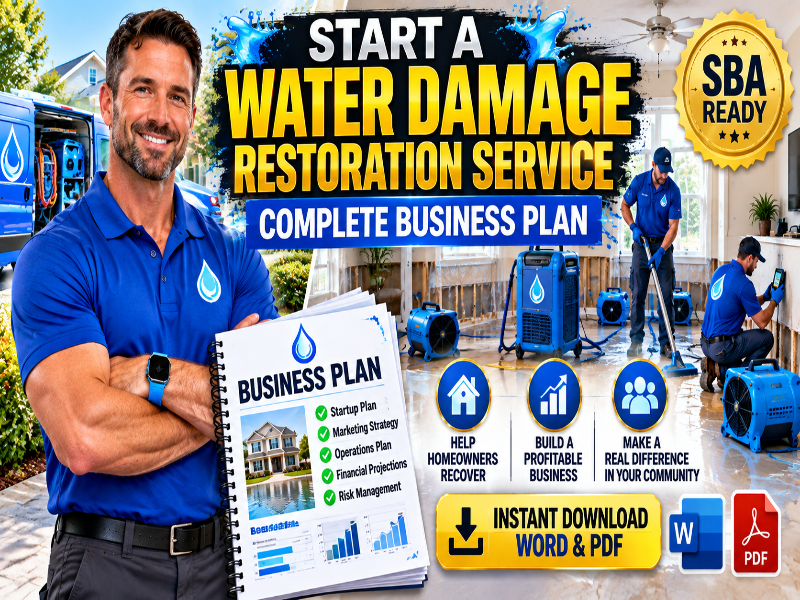 Promotional graphic for a water damage restoration service business plan download, featuring a smiling man in a blue uniform holding a spiral-bound business plan, with workers, blue equipment, and text reading 'Start a Water Damage Restoration Service' and 'Complete Business Plan.'.