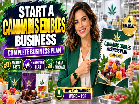 A promotional graphic for a 'Cannabis Edibles Business Plan' featuring a woman in a green blazer pointing to a spiral-bound booklet. The background is a blurred cannabis farm, and the image includes various product mockups of colorful cannabis edibles and promotional text overlays.