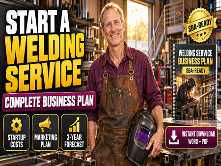 Promotional graphic for a welding service business plan, featuring a smiling man in a welding apron and helmet inside a workshop, with large text reading 'START A WELDING SERVICE,' a book cover titled 'Welding Service Business Plan,' and callout badges including 'SBA-READY' and 'INSTANT DOWNLOAD WORD - PDF.'.